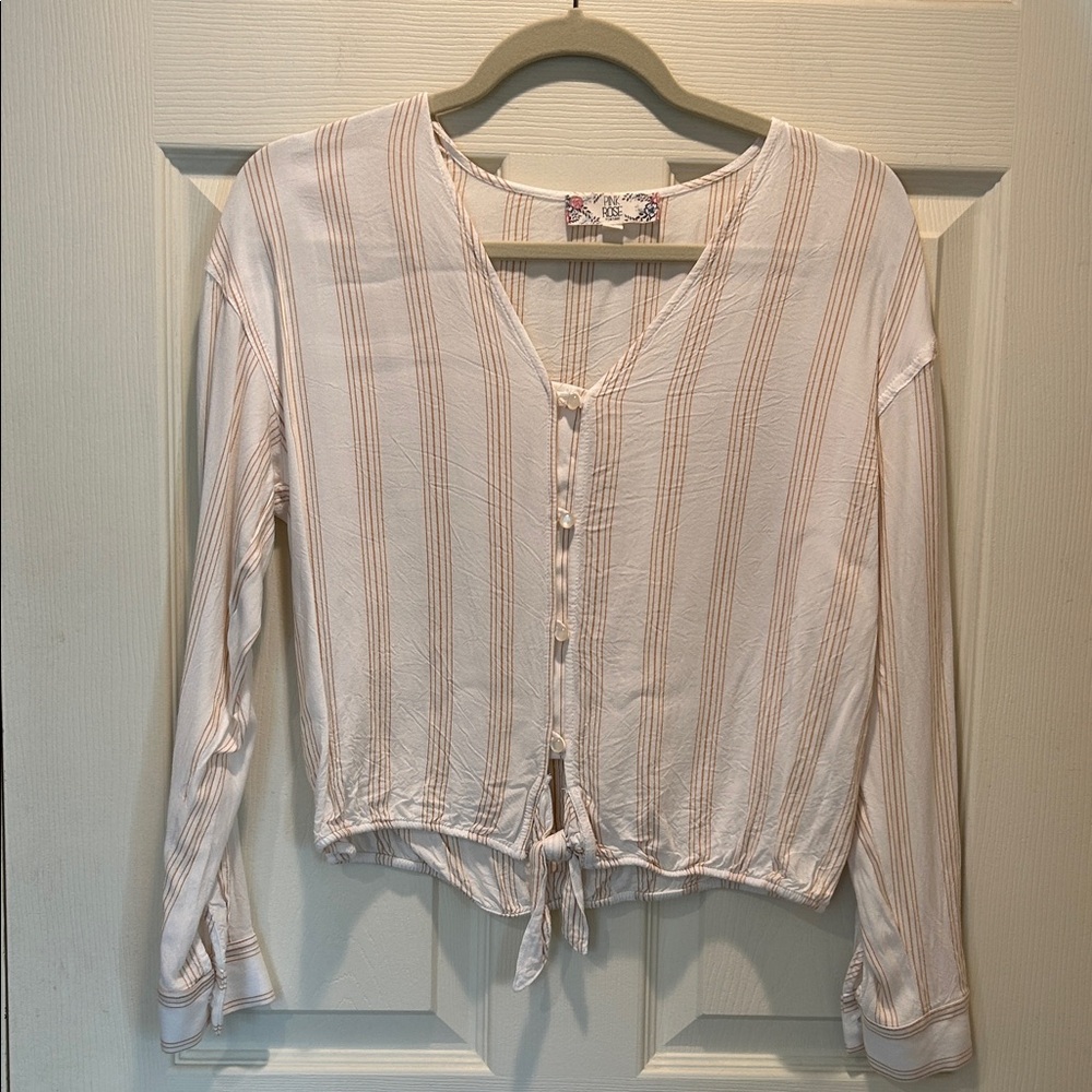 Pink Rose V-Neck Blouse with Tie Detail